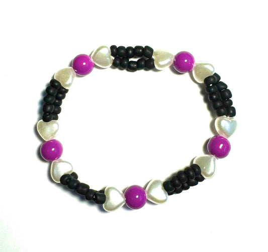 Black and Purple with Pearl Hearts Beaded Stretchy Bracelet