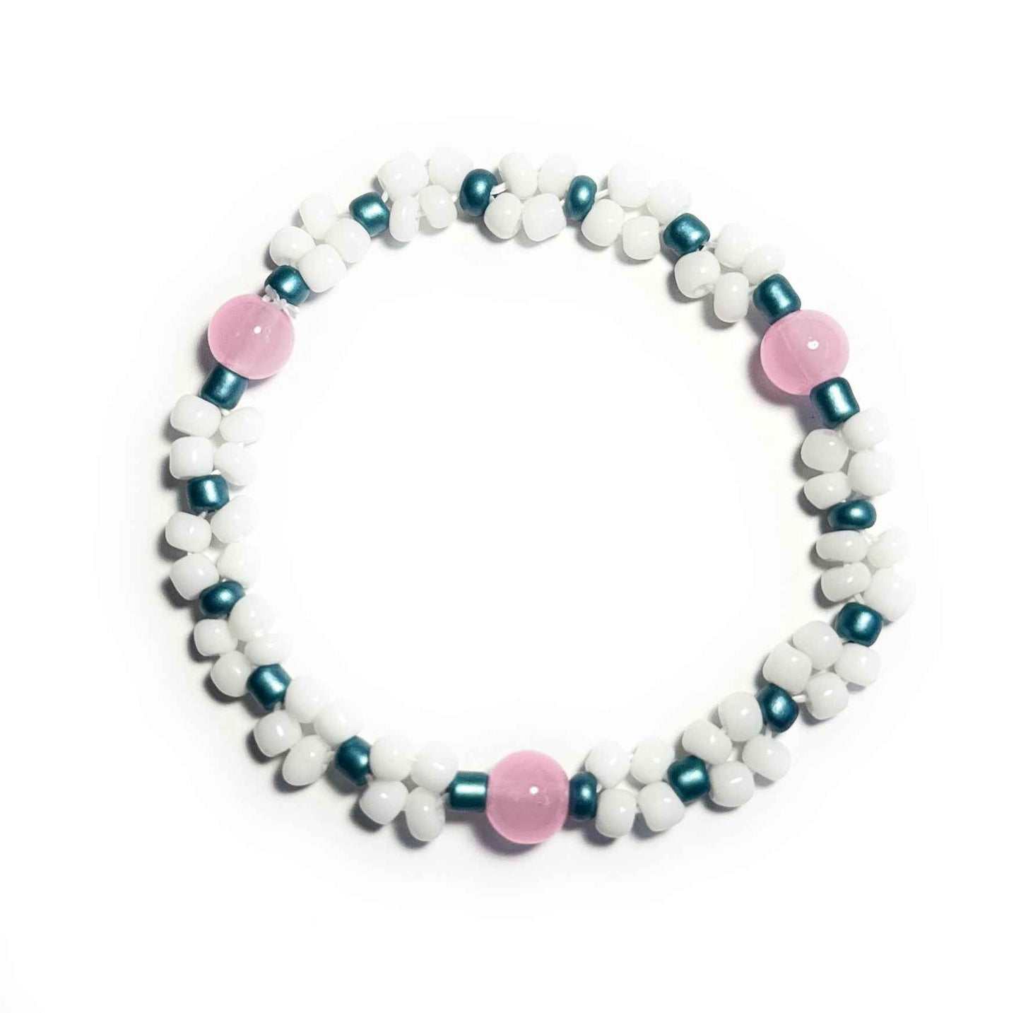 White Pink and Teal Beaded Bracelet Stretchy