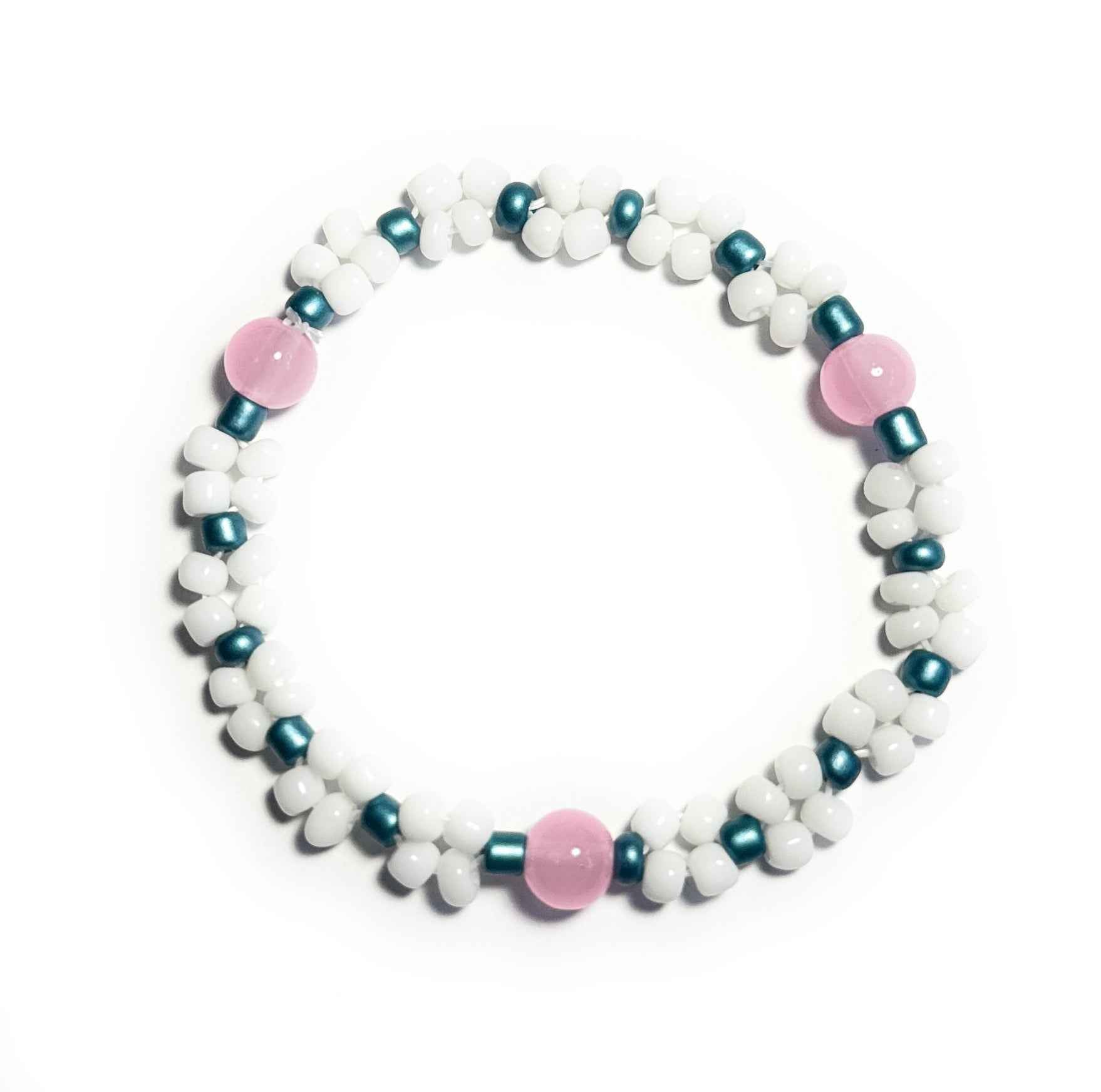 White Pink and Teal Beaded Bracelet Stretchy