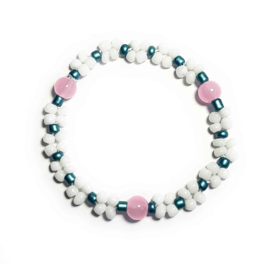 White Pink and Teal Beaded Bracelet Stretchy