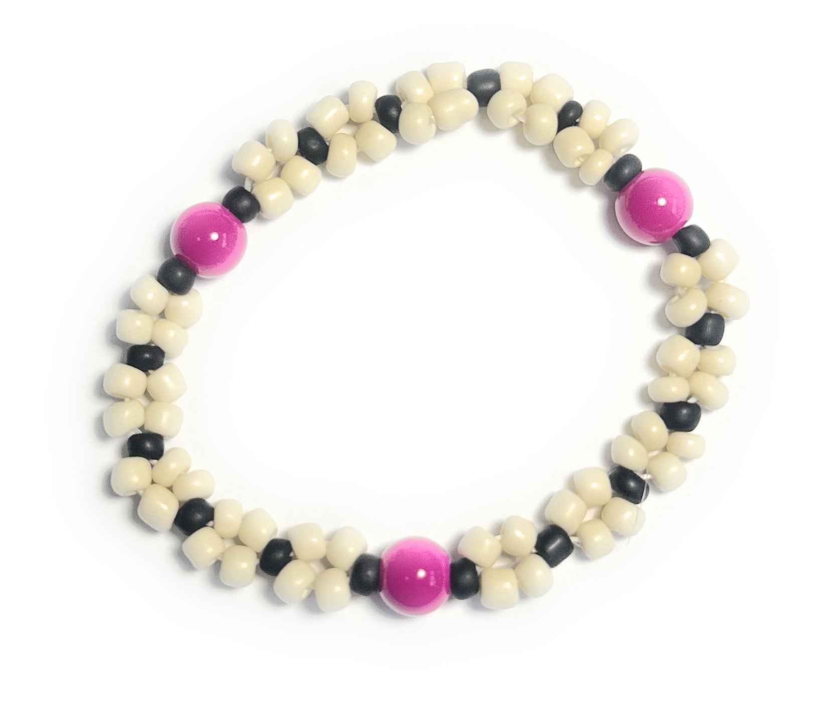 Red-Purple Cream and Black Beaded Stretchy Bracelet