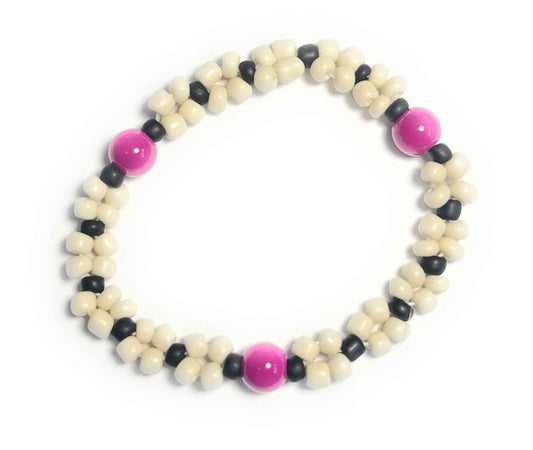Red-Purple Cream and Black Beaded Stretchy Bracelet
