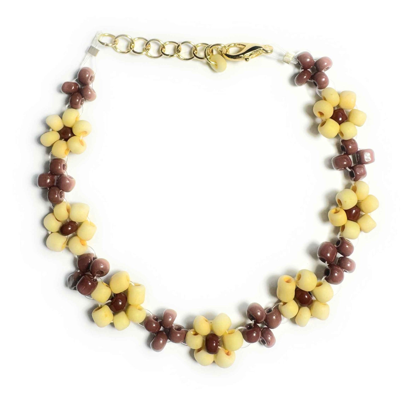 Daisy Seed Bead Bracelet, Yellow and Brown with Lobster Clasp