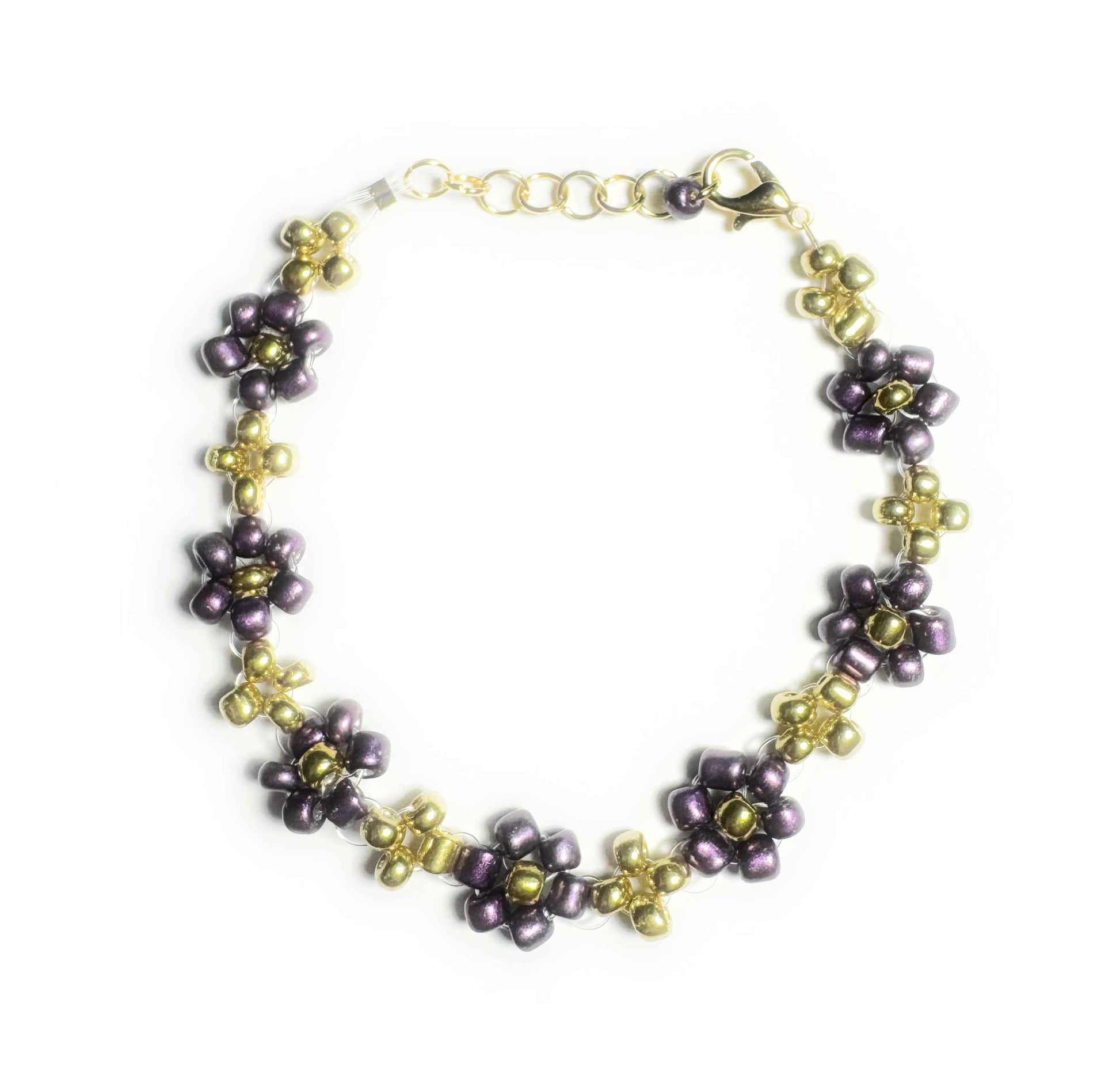 Purple and Gold Daisy Seed Bead Bracelet with Lobster Clasp