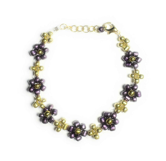 Purple and Gold Daisy Seed Bead Bracelet with Lobster Clasp