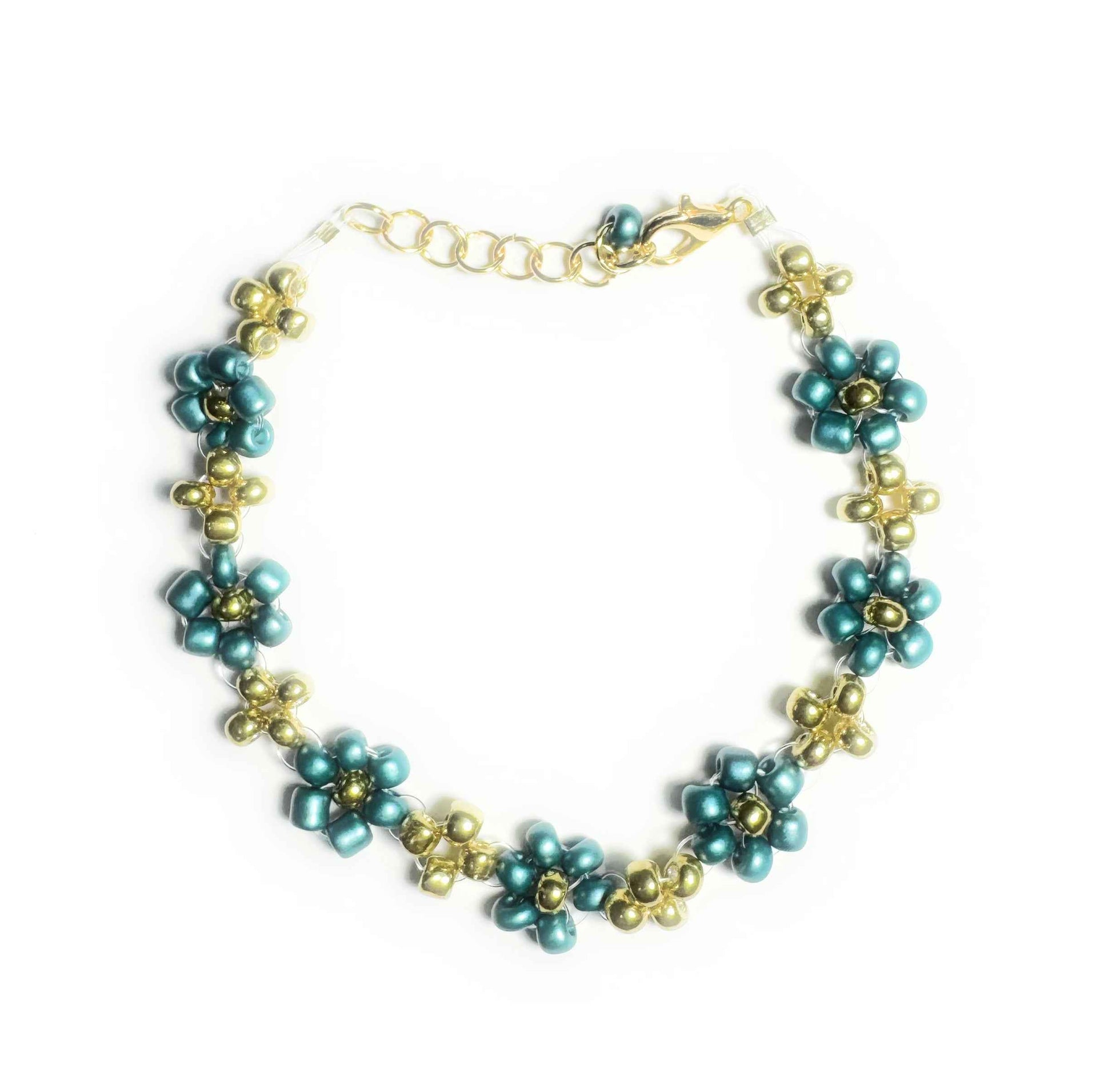 Teal and Gold Daisy Seed Bead Bracelet with Lobster Clasp