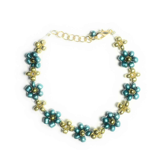 Teal and Gold Daisy Seed Bead Bracelet with Lobster Clasp