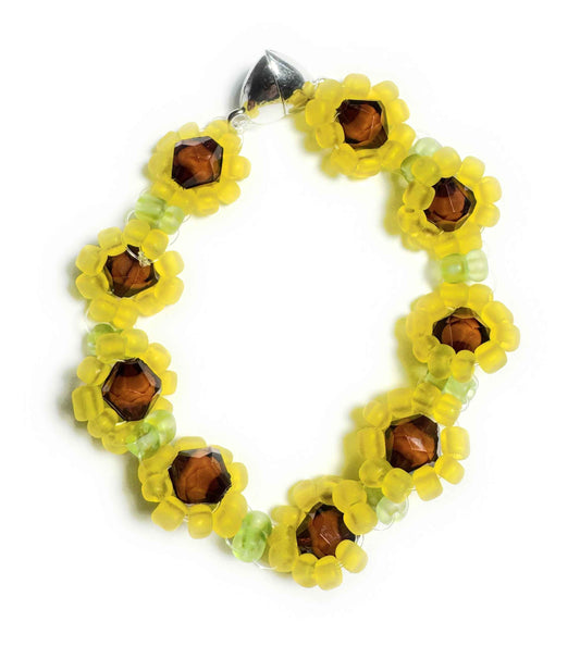 Yellow and Brown Sunflower Seed Bead Bracelet with Heart Magnetic Clasp