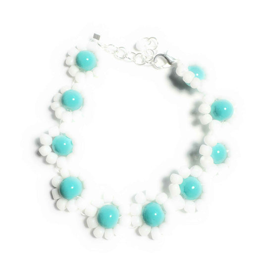 White and Light Blue Flower Seed Bead Bracelet with Lobster Clasp