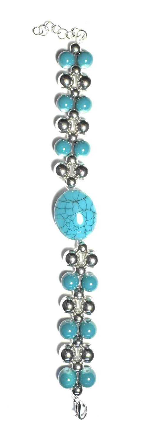 Blue and Silver Plated Bead Bracelet with Crackle Centerpiece, Lobster Clasp
