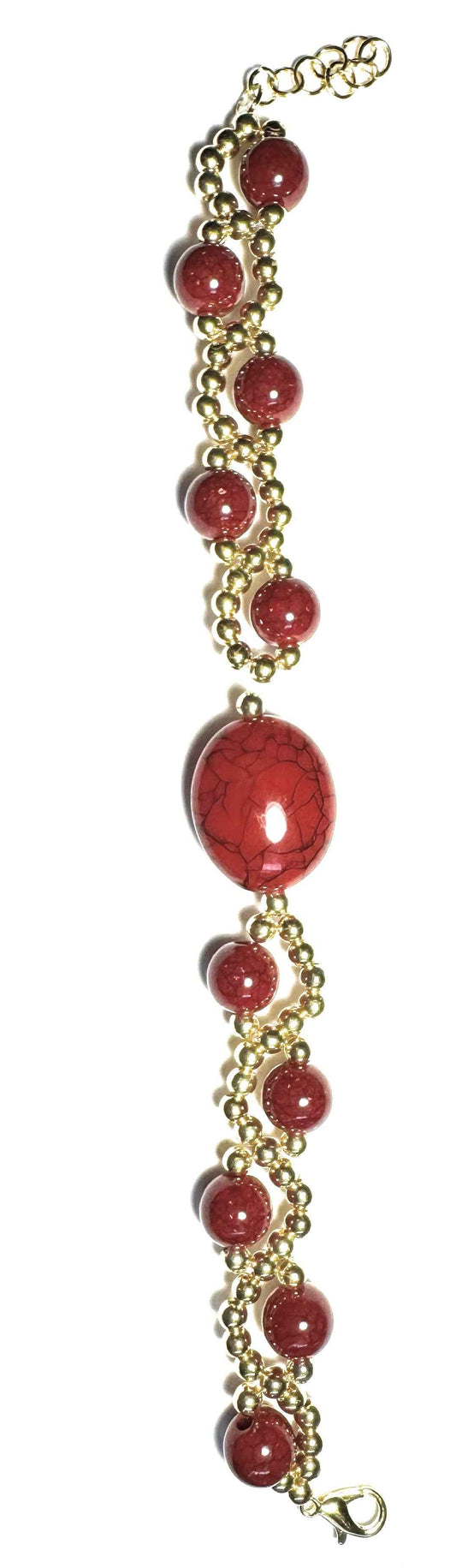 Red and Gold Colored Beaded Bracelet with Centerpiece and Lobster Clasp