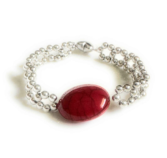 Silver Colored Beads with Red Centerpiece and Heart Magnetic Clasp