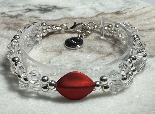 Clear and Silver Beaded Bracelet with Red Centerpiece - Celtic Scents