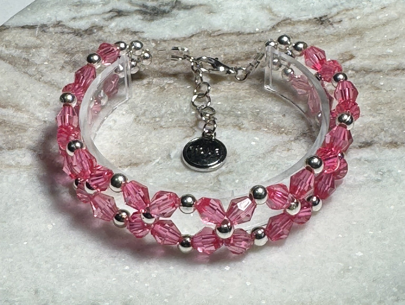 Pink and Silver Beaded Bracelet with Lobster Clasp and Hope Charm - Celtic Scents