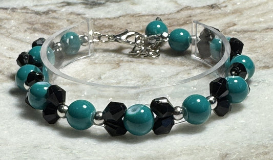 Teal Black and Silver Beaded Bracelet with Lobster Clasp - Celtic Scents