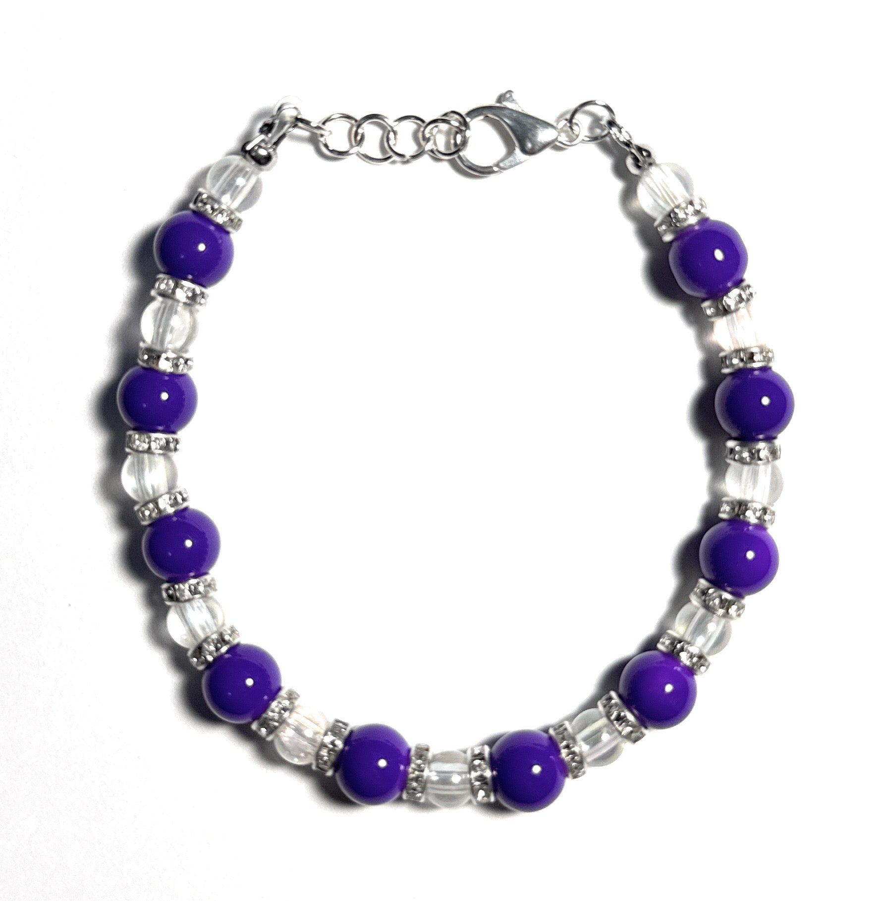 Purple and Clear Glass Beaded Bracelet with Rhinestone Accents and Lobster Clasp - Celtic Scents