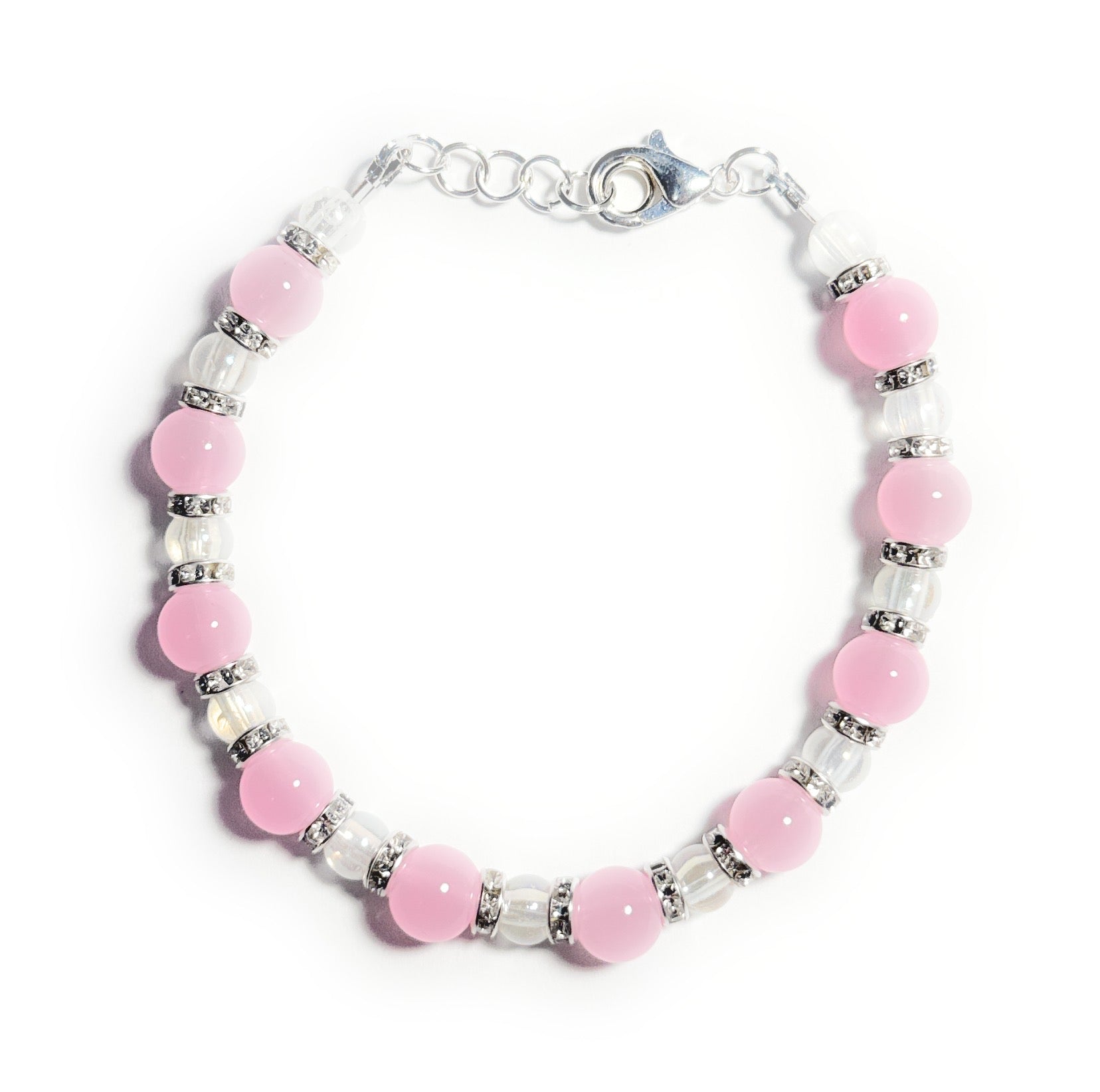 Pink and Clear Glass Beaded Bracelet with Crystal Rhinestone Spacers, Lobster Clasp - Celtic Scents