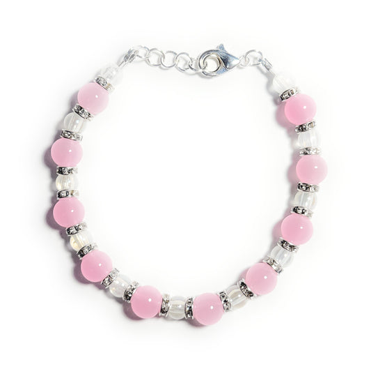 Pink and Clear Glass Beaded Bracelet with Crystal Rhinestone Spacers, Lobster Clasp - Celtic Scents