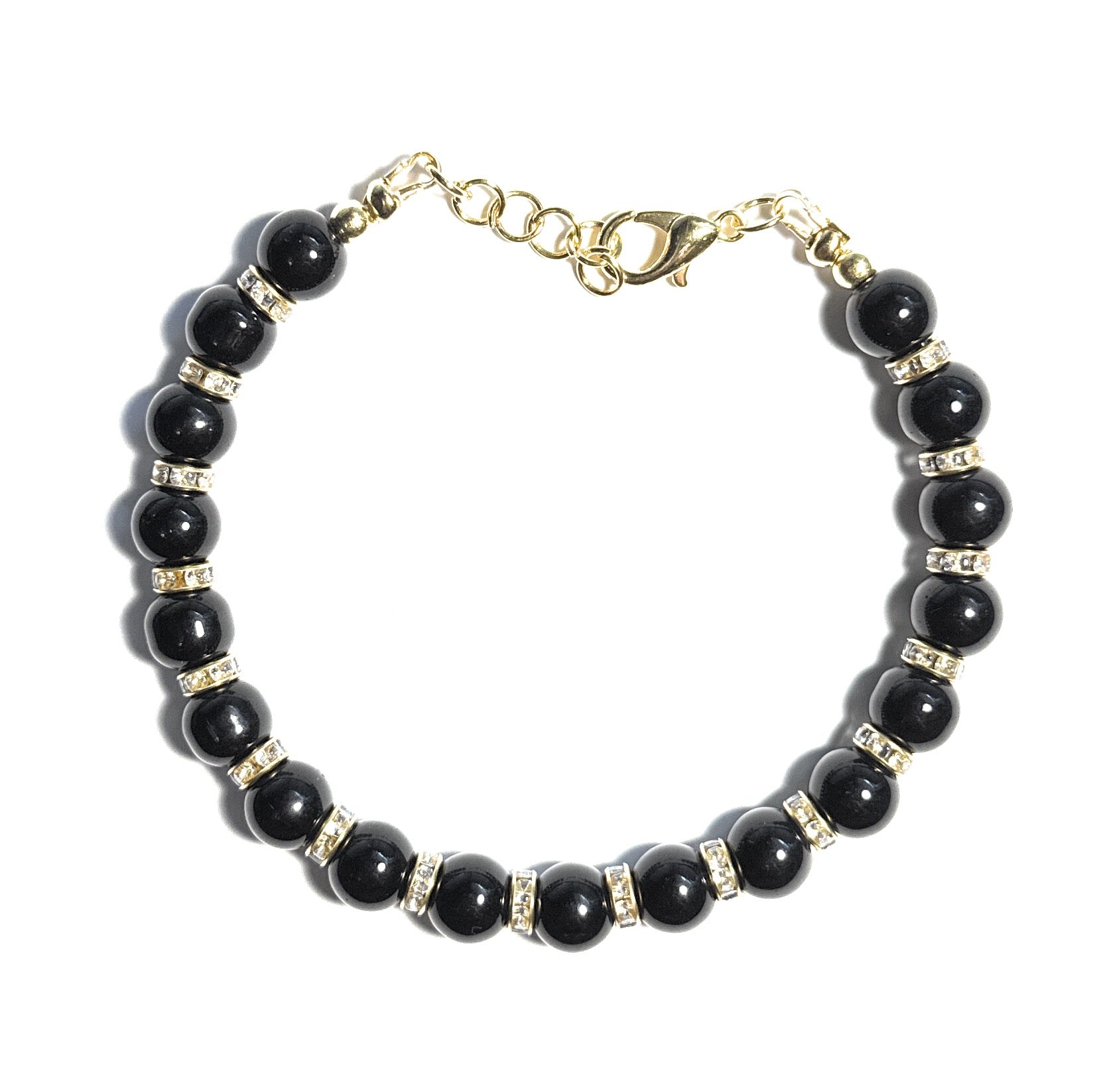 Black Pearl Beaded Bracelet with Crystal Rhinestone Spacers and Gold Lobster Clasp - Celtic Scents