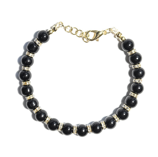 Black Pearl Beaded Bracelet with Crystal Rhinestone Spacers and Gold Lobster Clasp - Celtic Scents