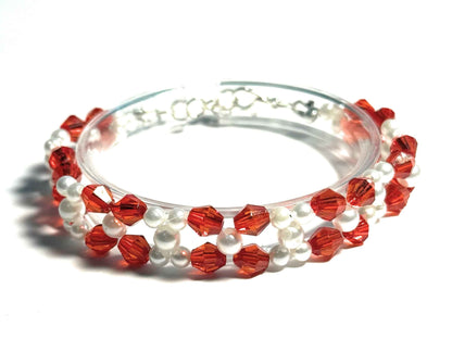 Red and White Faux Pearl Beaded Memory Wire Bracelet, Elegant Double Row Design, Fashion Jewelry for Women