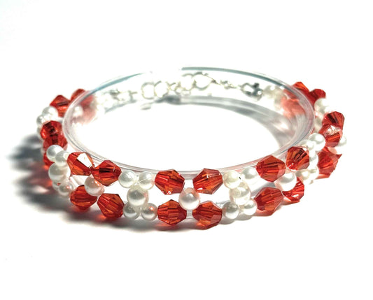 Red and White Faux Pearl Beaded Memory Wire Bracelet, Elegant Double Row Design, Fashion Jewelry for Women