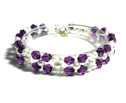 Purple Bicone and White Pearl Beaded Bracelet with Lobster Clasp, Handmade Minimalist Jewelry for Women, Anniversary Birthday Gift