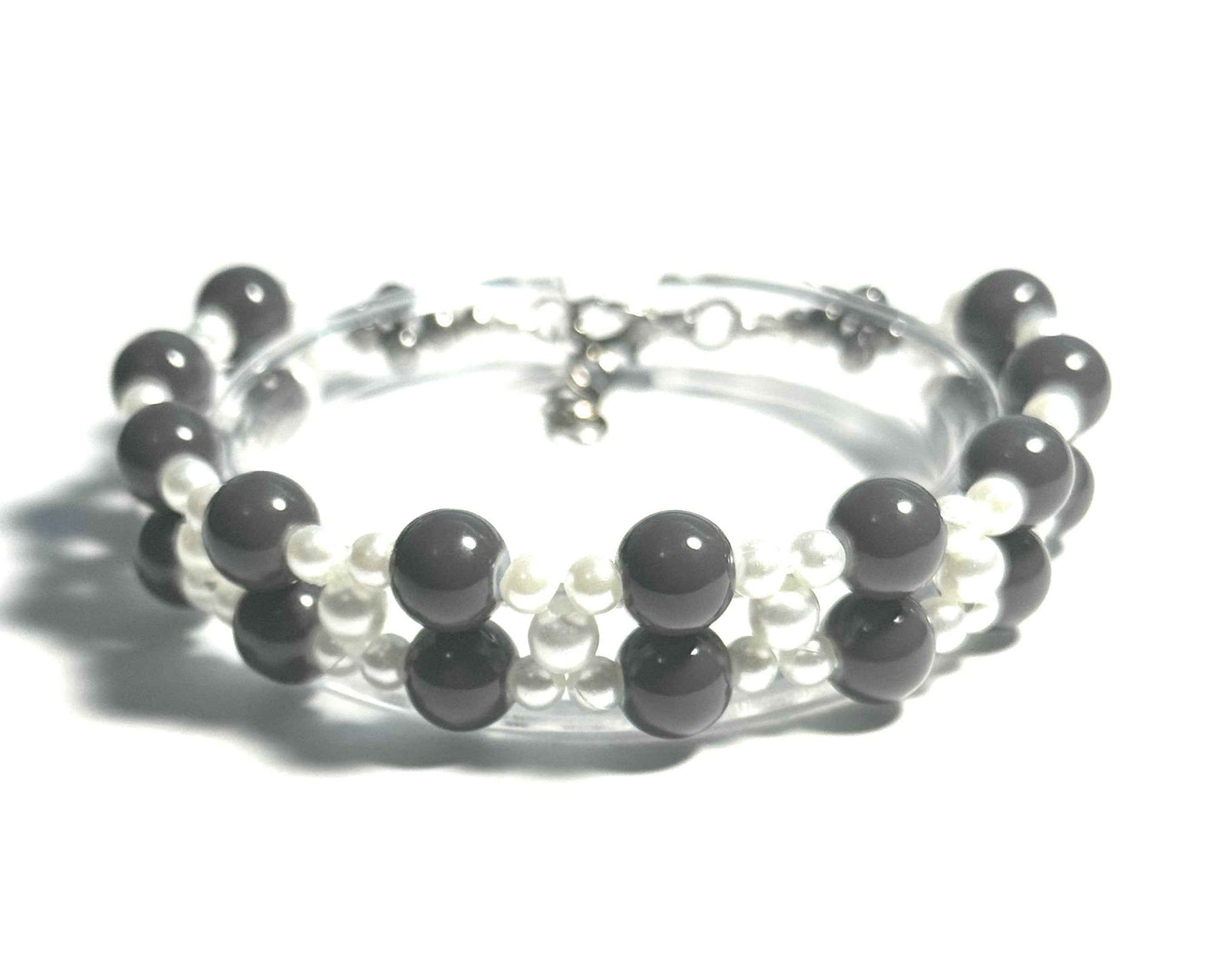 Gray and White Faux Pearl Beaded Bracelet, Minimalist Style, Double Strand Design with Lobster Clasp