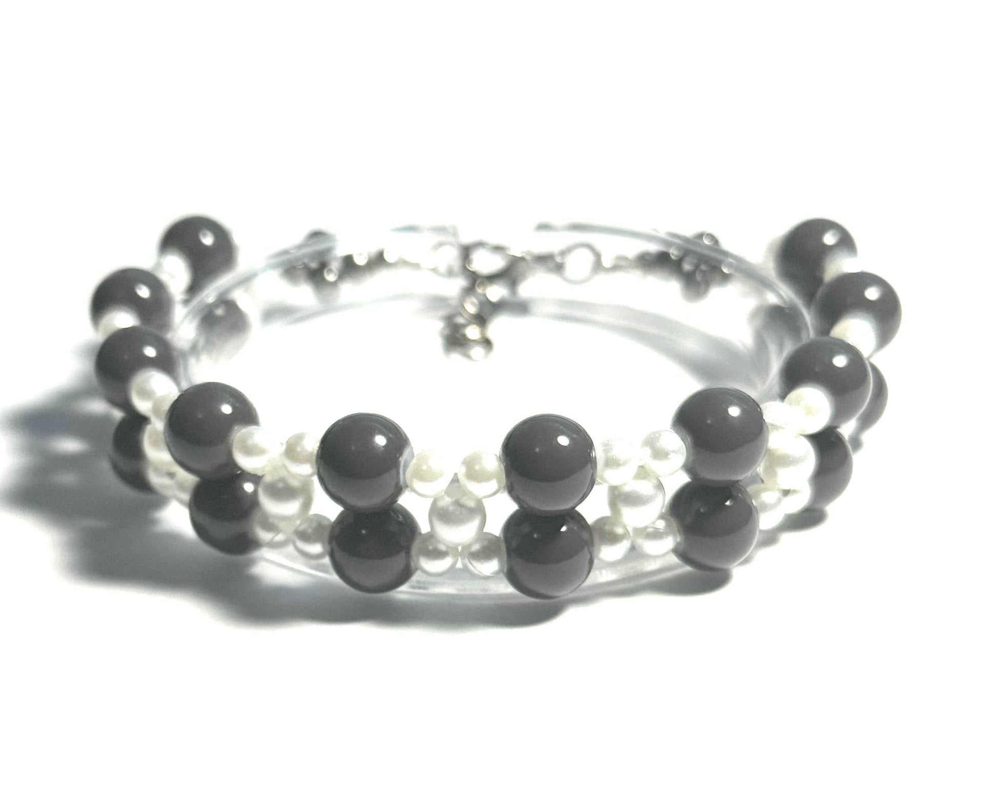 Gray and White Faux Pearl Beaded Bracelet, Minimalist Style, Double Strand Design with Lobster Clasp