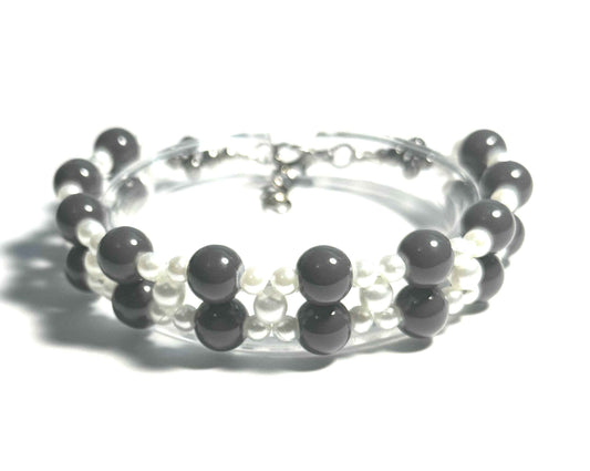 Gray and White Faux Pearl Beaded Bracelet, Minimalist Style, Double Strand Design with Lobster Clasp