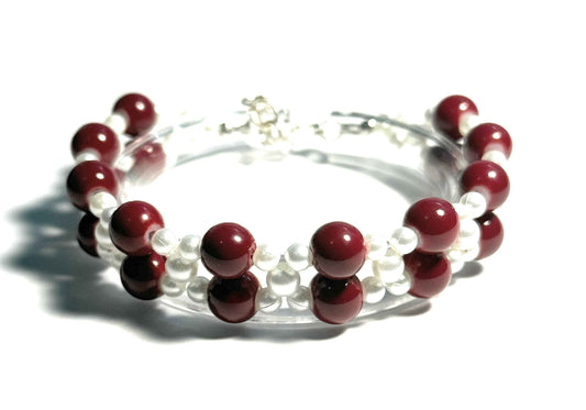 Beaded Bracelet, Red and White Faux Pearl Design with Lobster Clasp, Minimalist Boho Style Anniversary Gift