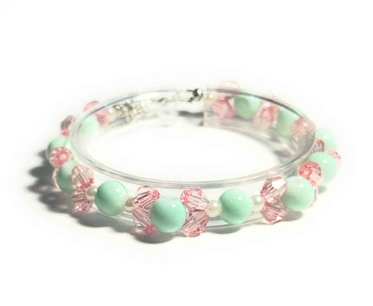 Beaded Bracelet with Mint Green Glass Beads, Pink Plastic Bicones, White Faux Pearls, Lobster Clasp
