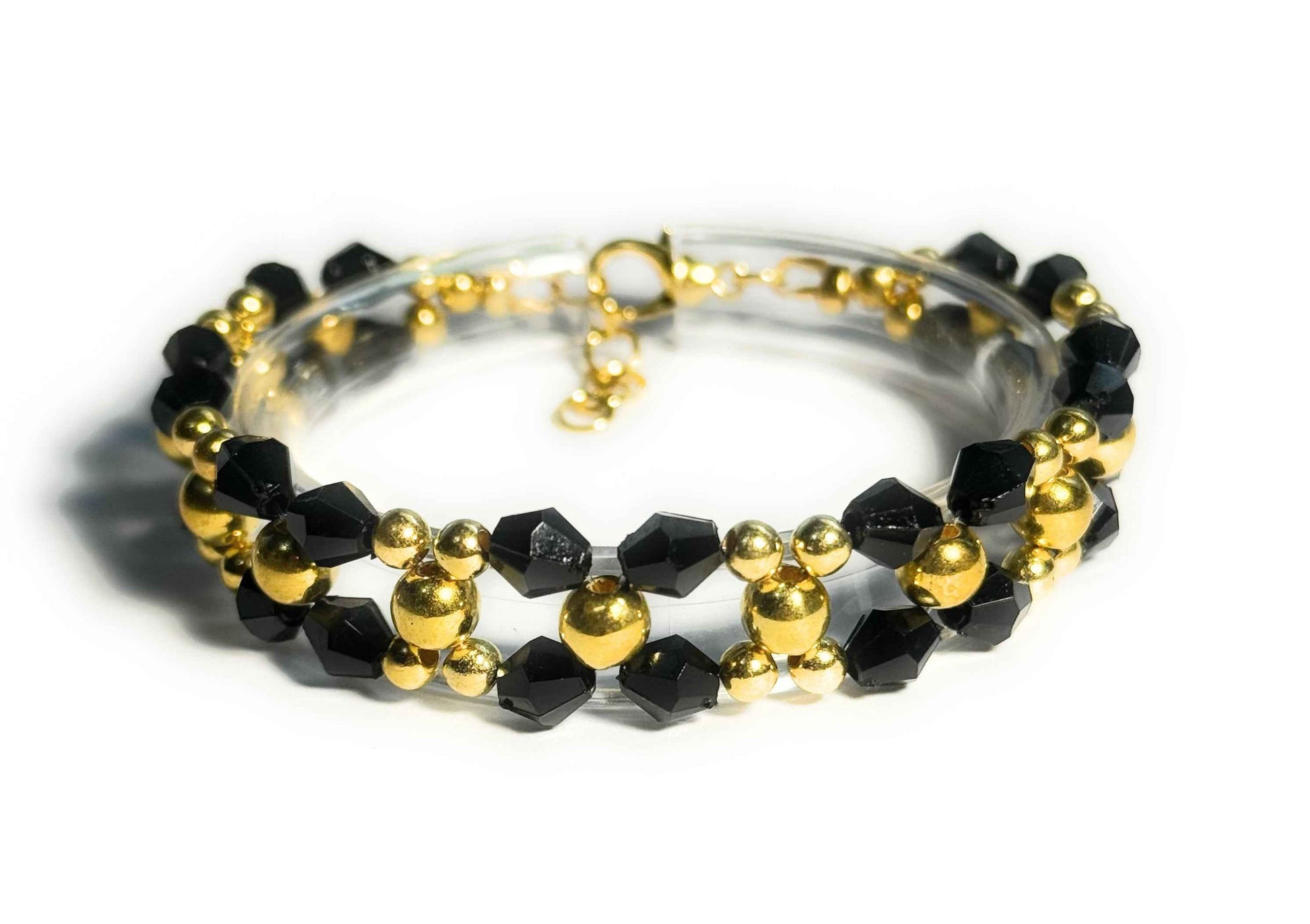 Black Bicone and Gold Colored Beaded Bracelet with Lobster Clasp, Minimalist Boho Style, Anniversary Birthday Gift