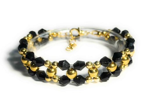 Black Bicone and Gold Colored Beaded Bracelet with Lobster Clasp, Minimalist Boho Style, Anniversary Birthday Gift