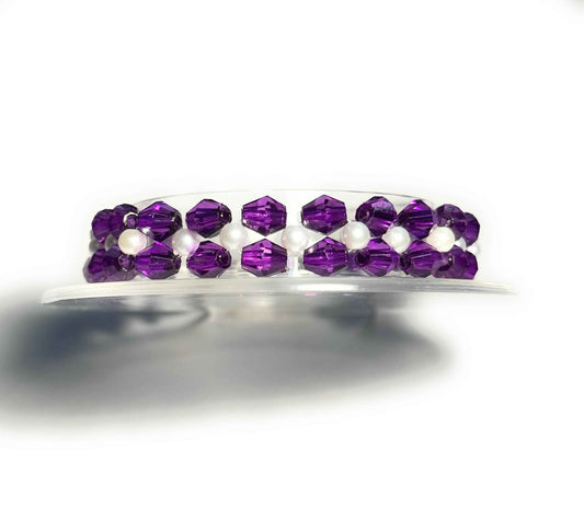 Purple Bicone and White Faux Pearl Beaded Bracelet with Lobster Clasp, Handmade Minimalist Jewelry for Women