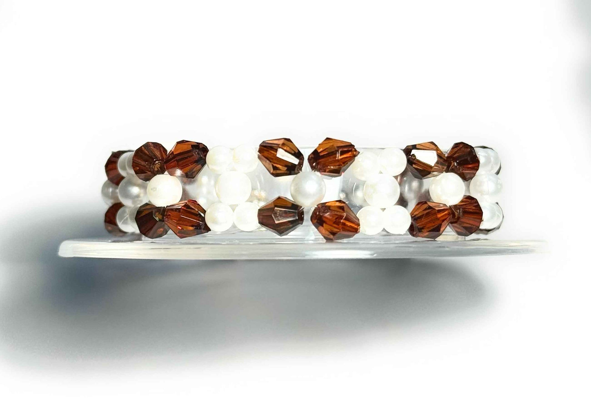 Brown Bicone and White Faux Pearl Beaded Bracelet with Lobster Clasp, Minimalist Boho Style