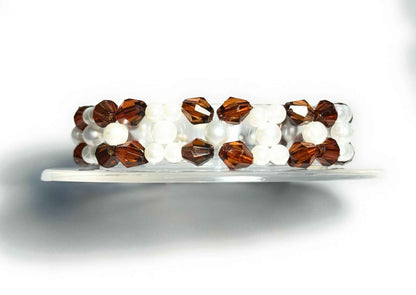 Brown Bicone and White Faux Pearl Beaded Bracelet with Lobster Clasp, Minimalist Boho Style