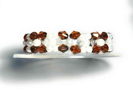 Brown Bicone and White Faux Pearl Beaded Bracelet with Lobster Clasp, Minimalist Boho Style
