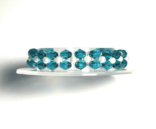 Teal Bicone and Faux Pearl Beaded Bracelet with Lobster Clasp, Blue Minimalist Boho Fashion Jewelry, Anniversary Birthday Gift