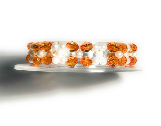 Orange Bicone and White Faux Pearl Beaded Bracelet with Lobster Clasp, Minimalist Boho Style Jewelry for Women