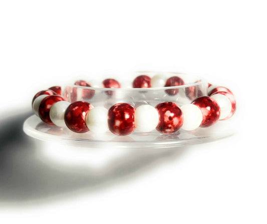 Stretch Bracelet, Red Speckled and White Faux Pearl Beaded Design, Minimalist Boho Fashion Jewelry, Anniversary Birthday Gift