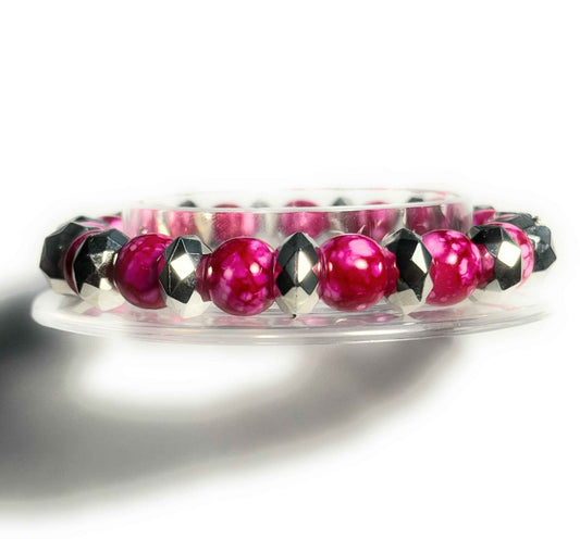 Stretch Bracelet with Pink Speckled and Silver Faceted Beads, Boho Style Fashion Jewelry for Women, Anniversary Birthday Gift