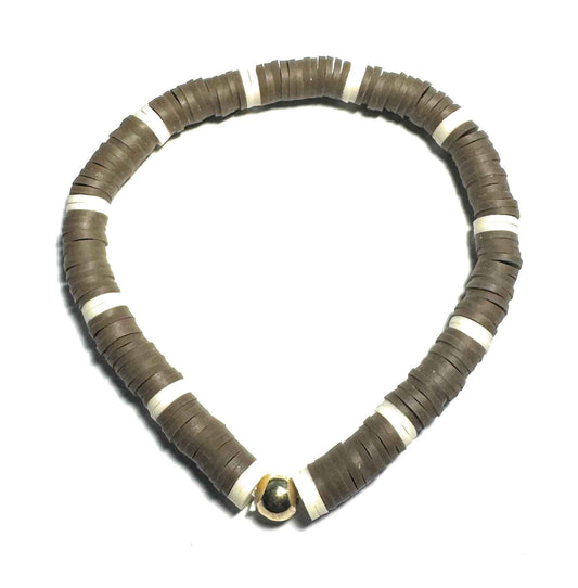 Brown Heishi Bead Bracelet with White and Gold Metallic Accent Beads