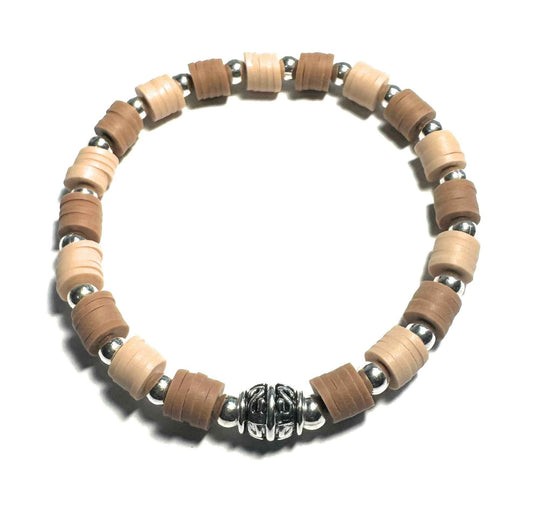 Heishi Beaded Stretch Bracelet, Brown and Tan with Silver Accent Beads