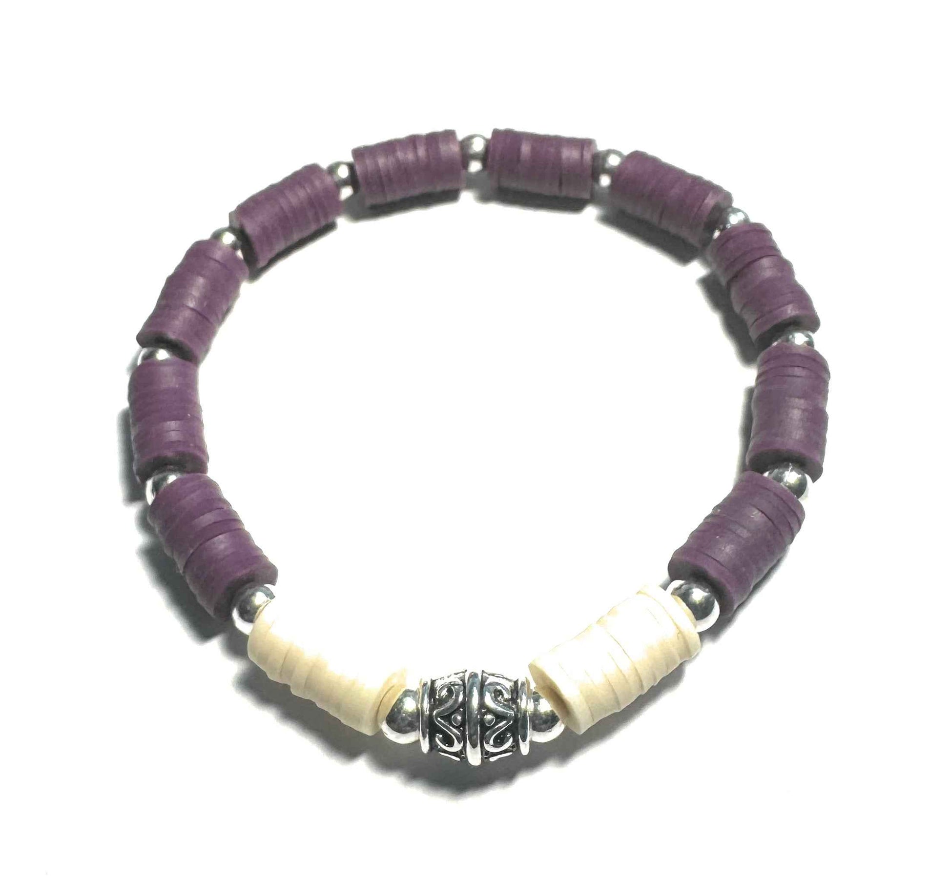 Purple and White Heishi Bead Bracelet with Silver Metallic Accent