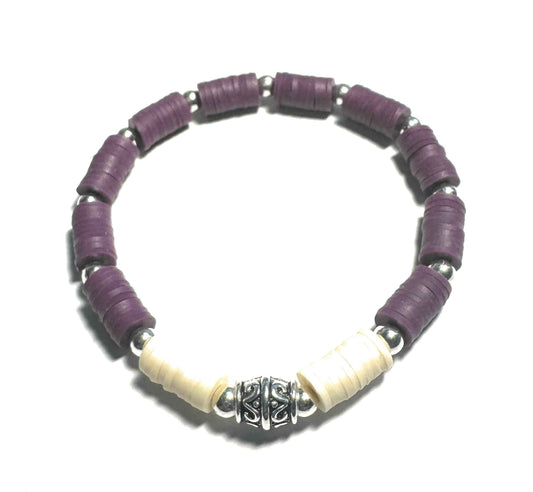 Purple and White Heishi Bead Bracelet with Silver Metallic Accent