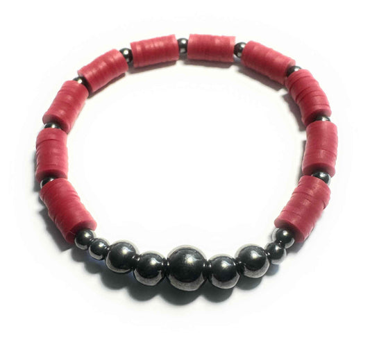 Maroon Heishi Beaded Bracelet with Metallic Silver Accent Beads