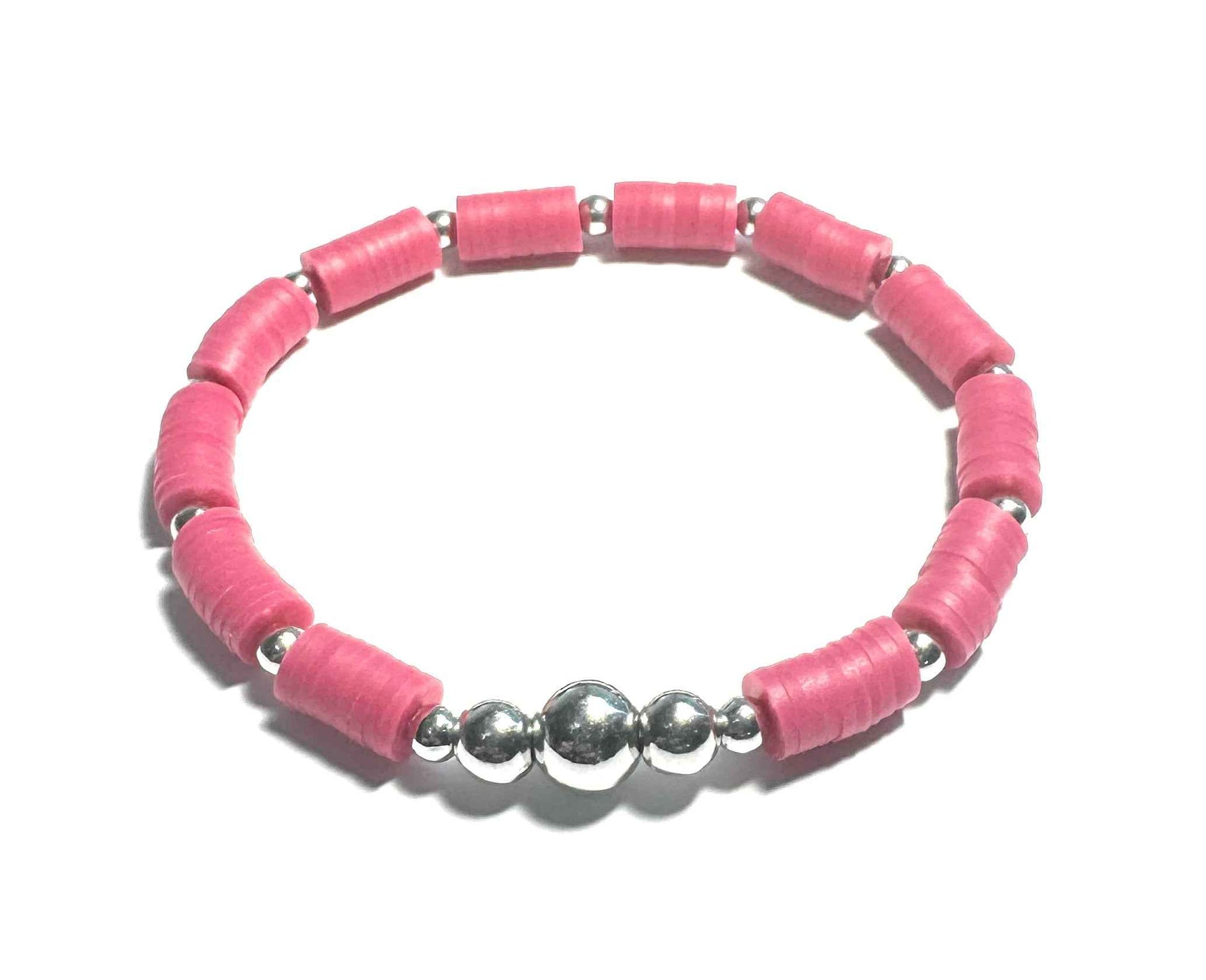 Pink Beaded Stretch Bracelet with Silver Metal Accents, Heishi Style