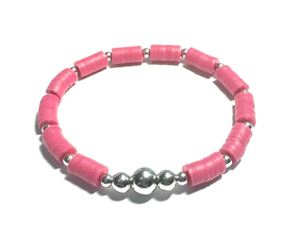 Pink Beaded Stretch Bracelet with Silver Metal Accents, Heishi Style