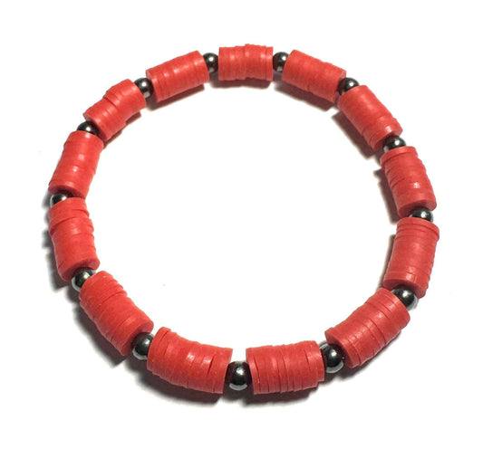 Red Heishi Bead Bracelet with Metallic Spacers, Stretch Style